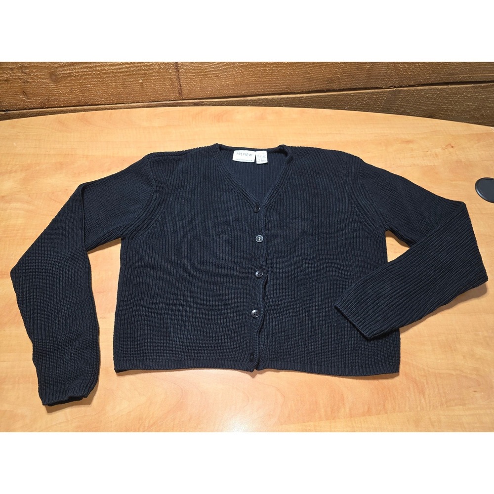 Preview International Black Ribbed Cotton Cardigan Sweater Made in Australia M